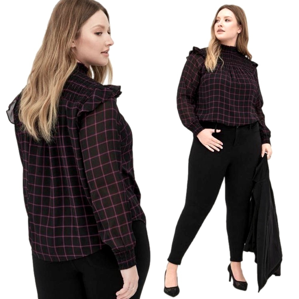 Torrid Crinkle Chiffon Smocked Neck Blouse SZ 3X Windowpane Whimsigoth Victorian